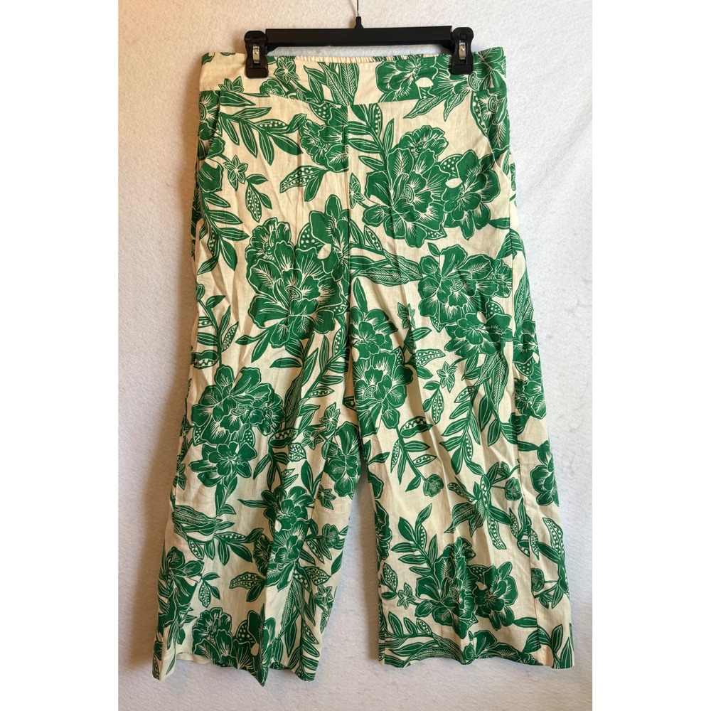 Christian Siriano Linen Blend Floral Wide Leg Pants‎ Green Cream Medium